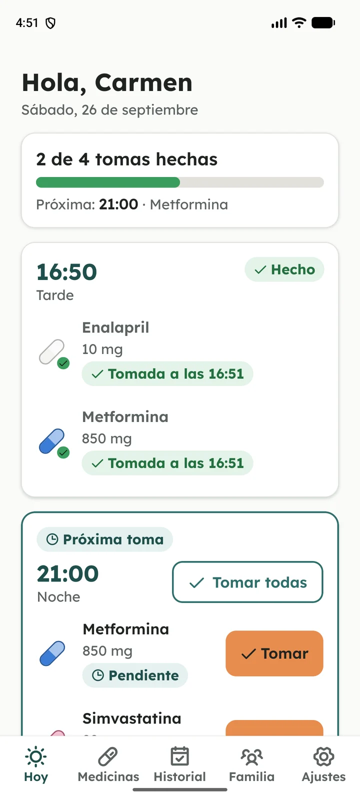 Pantalla «Hoy» de Capsora: 2 de 4 tomas hechas, la toma de las 16:50 marcada y la de las 21:00 como próxima