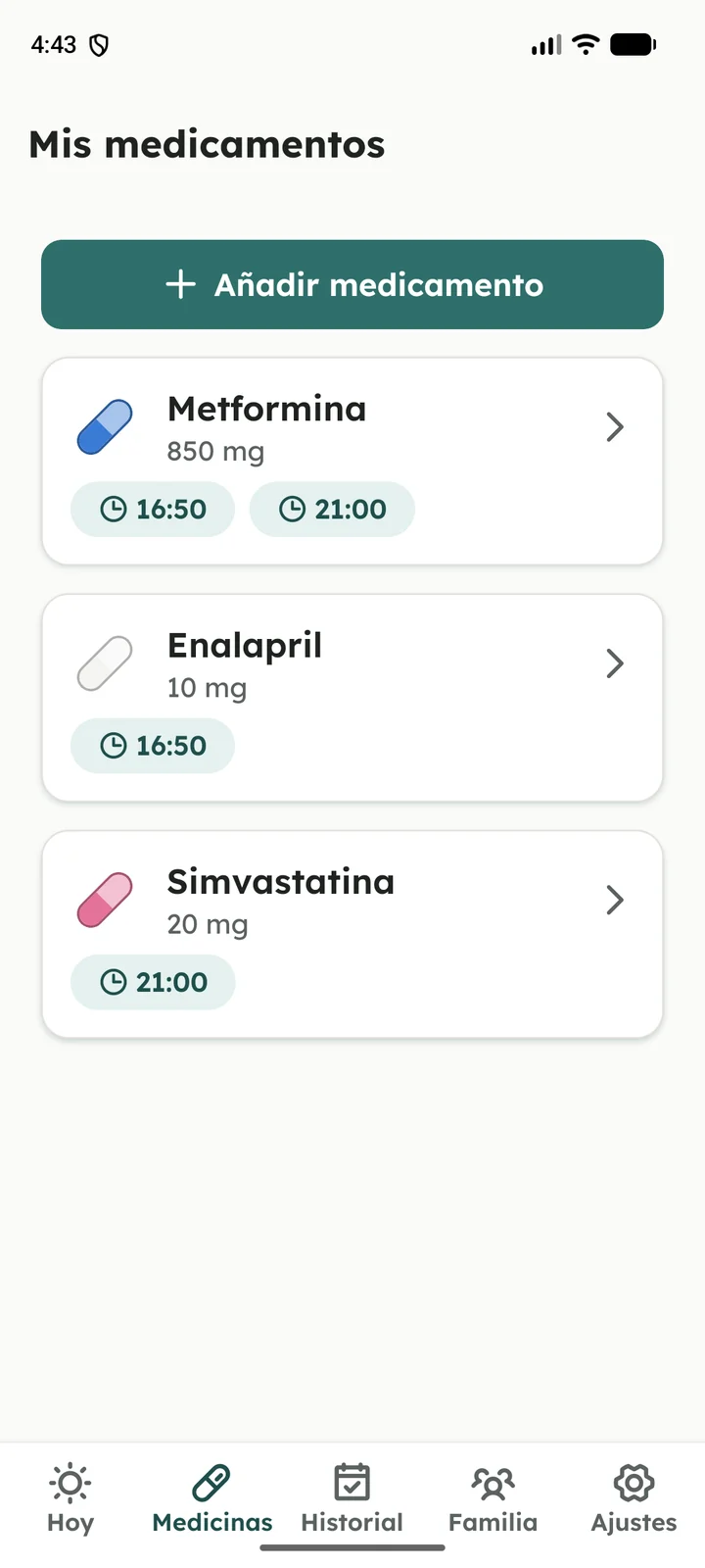Lista de medicamentos de Capsora, cada uno con su cápsula de color y sus horas